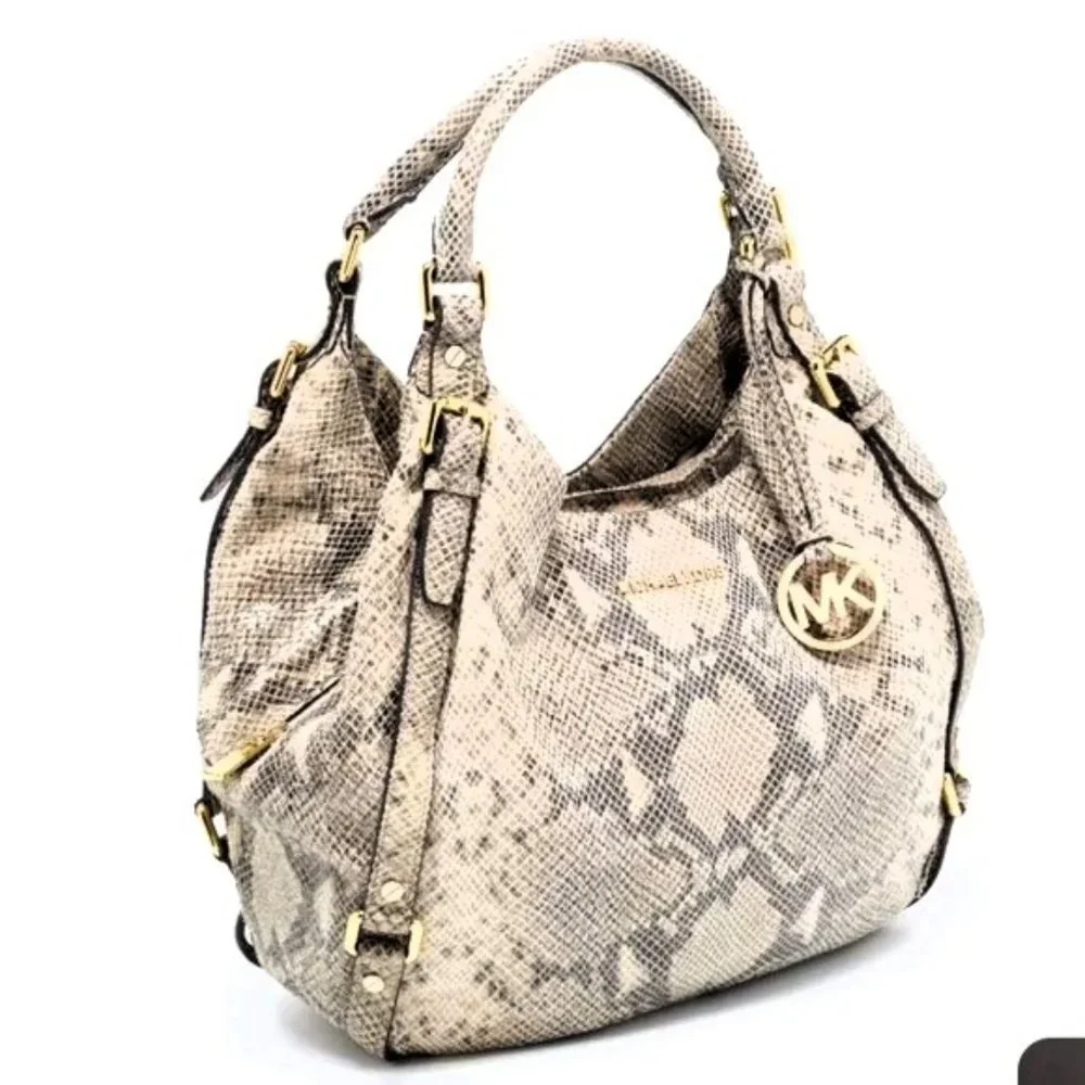 Authentic Michael Kors Beige Python Effect Leather/Suede Bedford Hobo